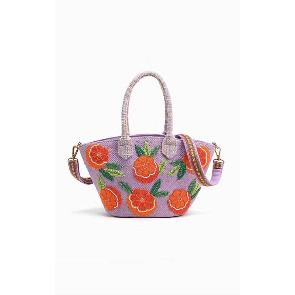 Lavender Floral Beaded Tote with Orange Flower Accents